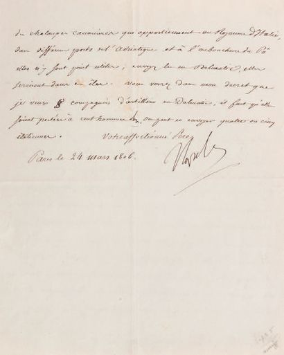 NAPOLÉON 1ER (1769-1821). Lettre signée «Napole» au prince Eugène. 1 p. ½ in-4, tranches...