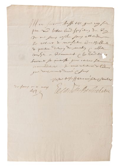 ARMAND JEAN DU PLESSIS, CARDINAL DE RICHELIEU (1585-1642). Lettre signée au maréchal...