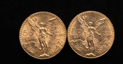 Deux pièces de 50 Pesos mexicains 1821 et...