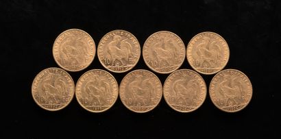 Neuf pièces de 10 Francs or Poids : 29,01...