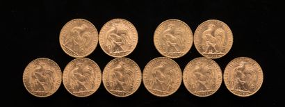 Dix pièces de 20 Francs or : 1907, 1908 x...