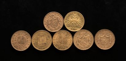 Sept pièces de 20 Francs or : - Trois pieces...