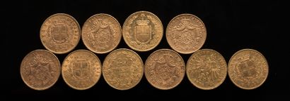 Dix pièces de 20 Francs or : - Cinq pieces...