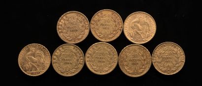 Huit pièces de 20 Francs or : - Six Napoleons...