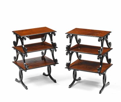 null Pair of bedside tables in molded mahogany veneer and blackened wood with three...
