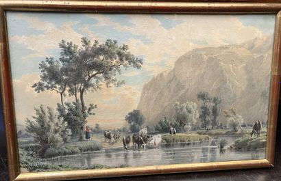 null Set of framed chromolithographs with landscapes and satirical scenes