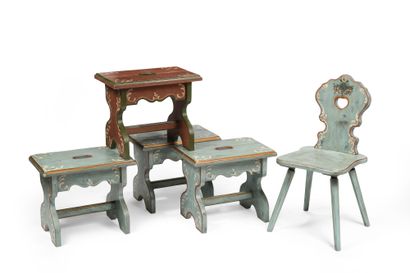 null Set of four stools and a chair in molded wood and lacquered in polychrome on...