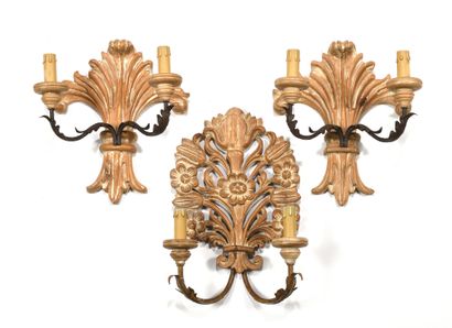 null Pair of sconces in patinated wood and ceruse with two lights with plant decoration....