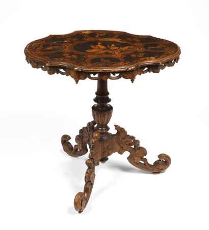 null Pedestal table with swivel top, marquetry and xylogravure decorated with goats....