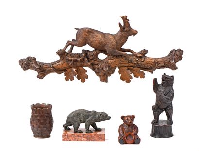 null Carved wood wall mounted coat rack featuring an ibex, a regula bear paperweight...