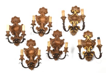 Suite of six sconces with two lights in carved...