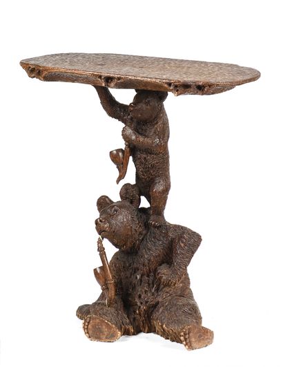 null Carved, molded and patinated wood console table, featuring a mother bear and...