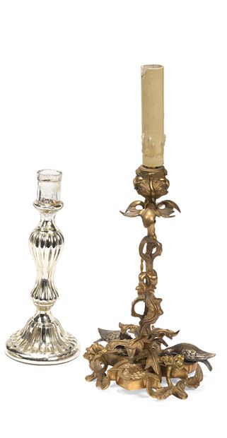 null Candlestick in chased, gilded and patinated bronze decorated with partridge,...