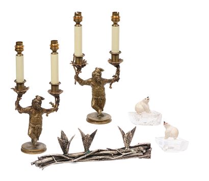 null Pair of bronze candelabras with two arms of light, featuring bears with hats....