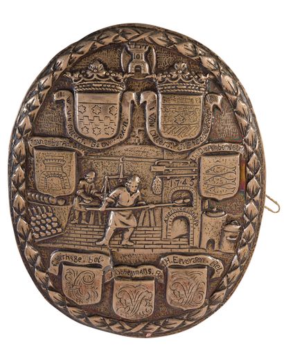 null Three silver oval escutcheons embossed with the effigy of the trades: shoemaker,...