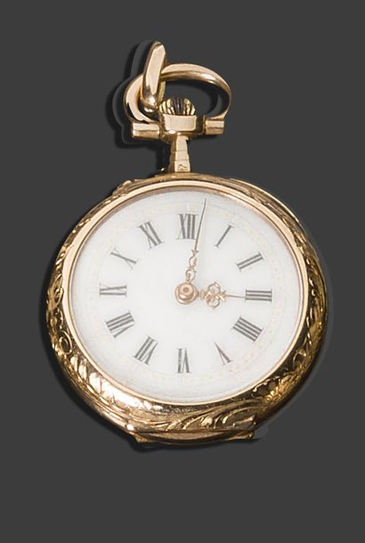 null Yellow gold (18K) collar watch, the back chased with a bird and flowering branches...