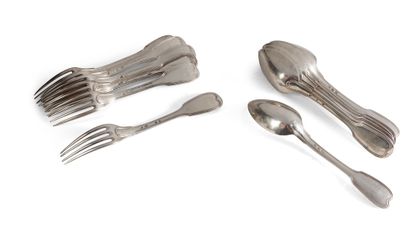 Seven silver spoons and six forks with threaded...