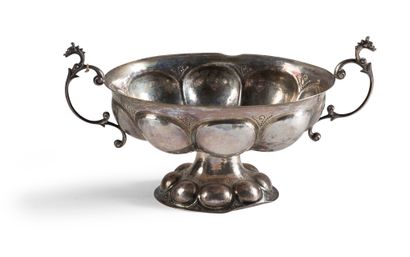 null Silver (835th) pedestal bowl, the body and pedestal embossed with lobes, double...
