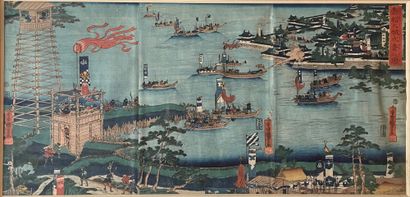 null KUNIYOSHI (1797-1861) : a triptych of Ôban tate-e prints 

Entitled Junkan funa-asobi...