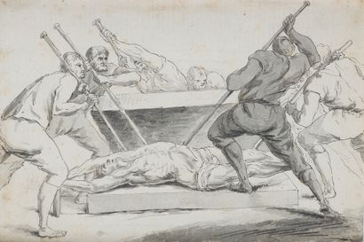 Ecole FRANCAISE du XVIIIe siècle Cinq dessins : lutteur, gentilhomme à la sanguine,...
