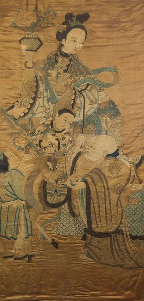 null Panneau en soie et lin brodé représentant une

scène d’offrande à Zhoulao accompagné...