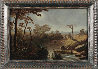 Eugène Lavieille (1820-1889) Le hibou au crépuscule Huile sur toile. Signée en bas...