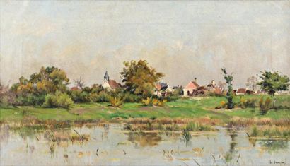 Adrien Jacques SAUZEY (1841-1928) Village au bord de la rivière Huile sur toile Signée...