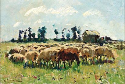 Louis Edouard GARRIDO (1893-1982) Moutons dans la plaine de Caen Huile sur panneau...