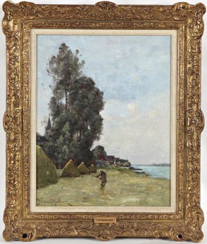 Paul-Désiré TROUILLEBERT (1829-1900) La fenaison près de Candes Huile sur toile Signée...