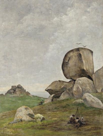 Edmond AMAN-JEAN 1860-1936 Les roches en Bretagne Huile sur toile Signée en bas à...