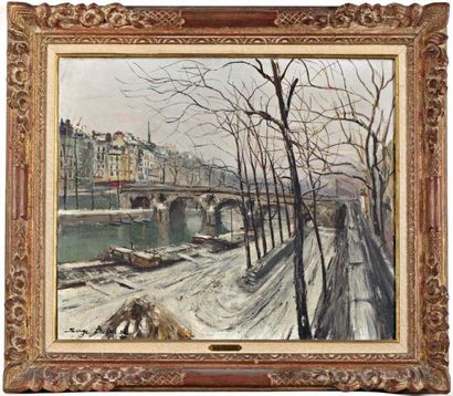 Serge BELLONI (1925-2005) La Seine en hiver Huile sur toile. Signée en bas à gauche...