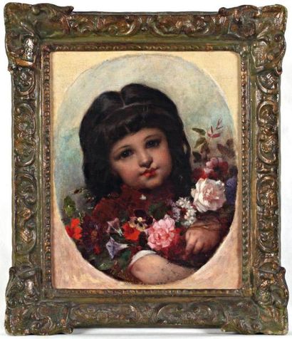 Pierre Louis Joseph DE CONINCK (1828-1910) Jeune fille au bouquet de fleurs Huile...