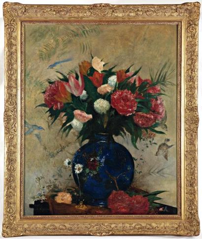 Maria Alexandrovna LAGORI0 (1893-1979) Bouquet de fleurs dans un vase bleu Huile...