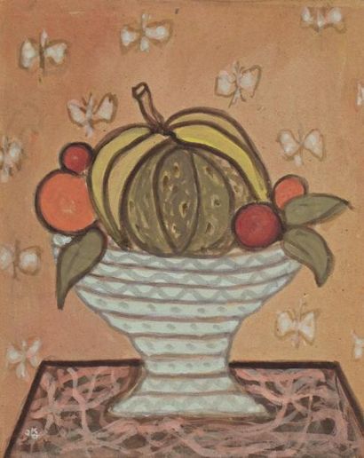 Jecheskiel Dawid KIRSZENBAUM (1900-1954) Compotier et fruits Gouache sur carton....