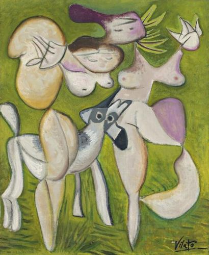 Javier VILATO (1921-2000) Deux femmes et un chien, 1967 Huile sur toile Signée en...
