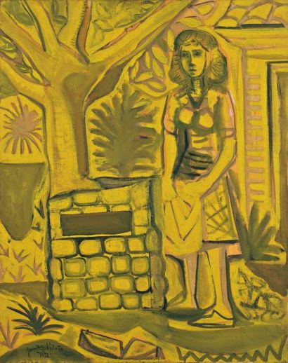 Javier VILATO (1921-2000) Jeune fille auprès d'un puit, 1951 Huile sur toile Signée...