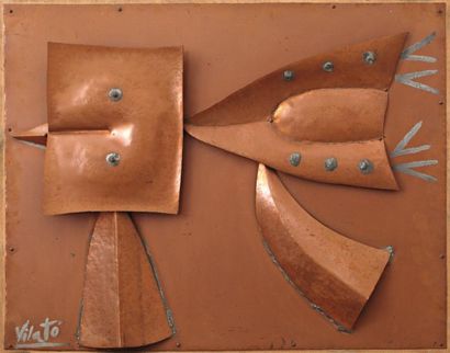 Javier VILATO (1921-2000) Oiseau, 1971 Relief en cuivre découpé, sur plaque de cuivre...