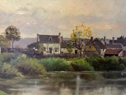 null Attributed to Octave GUENARD (1845 ?)
Houses by the river
Oil on mahogany panel
Bears...