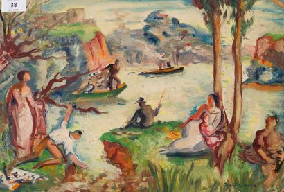 null Charles PICART LE DOUX (1881-1959)
Study: fishermen and boat, 1936
Oil on cardboard...