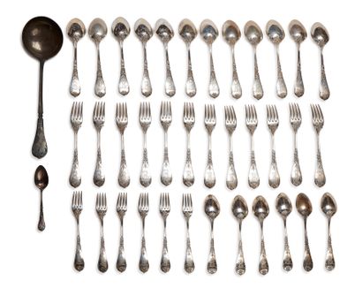 null Twelve large flatware, six flatware, ladle and a small spoon in silver, Minerva...