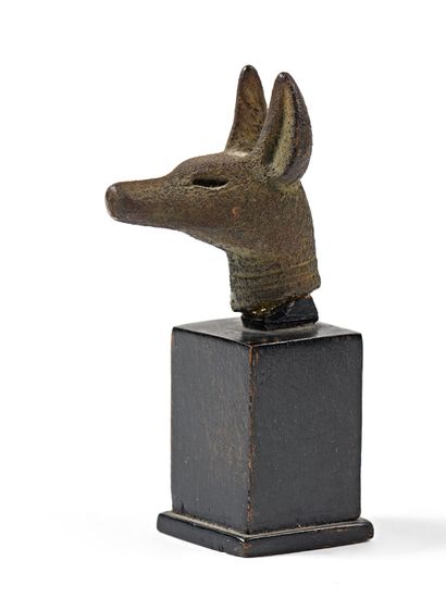 Tête d’Anubis en bronze sur un socle en bois
Egypte,...