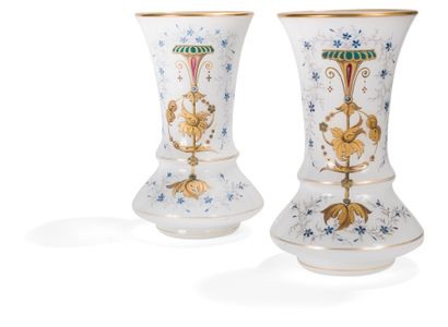 Pair of heeled vases in enameled and gilded...