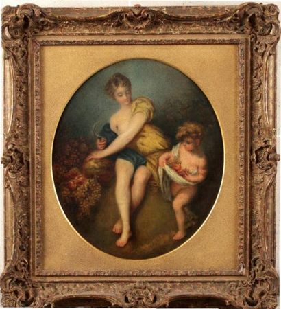 ÉCOLE FRANÇAISE XIXÈME SIÈCLE «Les vendanges» Huile sur toile ovale 49 x 43 cm