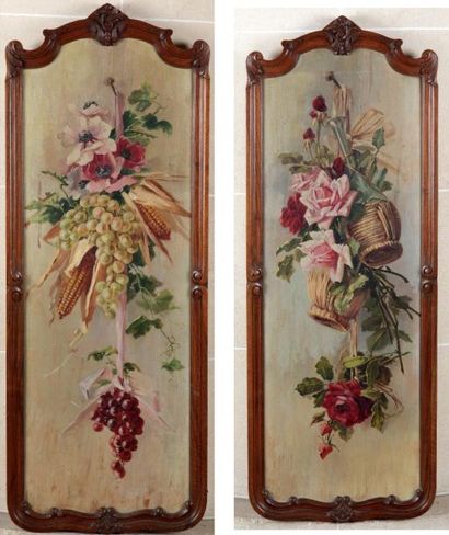 ÉCOLE FRANÇAISE FIN XIXÈME SIÈCLE «Bouquets de fleurs et de fruits» Paire d'huiles...