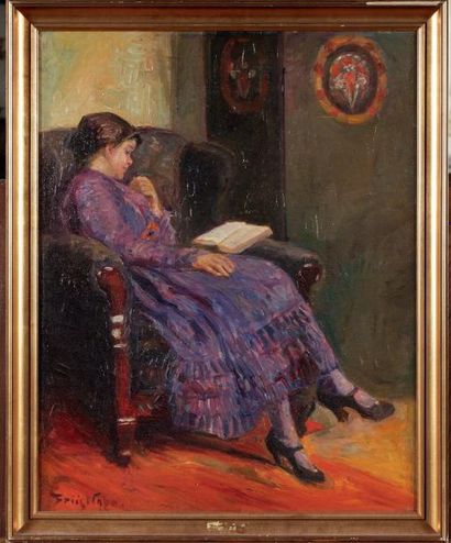 FRIIS NYBO (1869-1929) «La lecture» Huile sur toile, signé en bas à gauche 65,5 x...