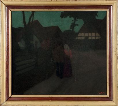 JENS BIRKHOLM (1869-1915) «Promenade au clair de lune» Huile sur toile signée JB...