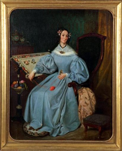 NAPOLÉON THOMAS (XIXÈME SIÈCLE) «Portrait de femme au métier à tisser» Huile sur...