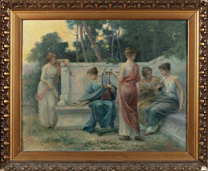 FRANCOIS LAFON (1846-?) Les Nymphes Musiciennes Huile sur toile, signée en bas à...