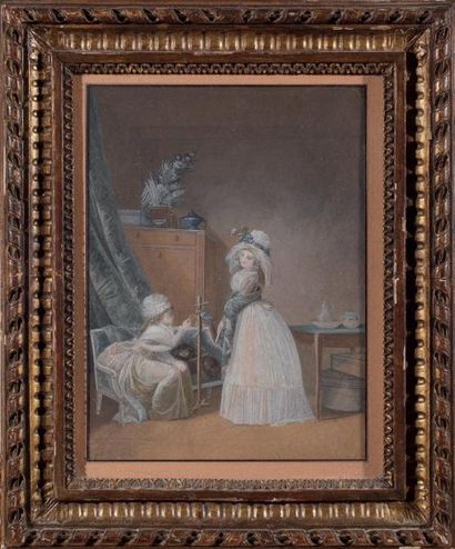 ATTRIBUÉ À JEAN-BAPTISTE MALLET ( 1759-1835) Le déjeuner de la perruche Gouache 27,5...