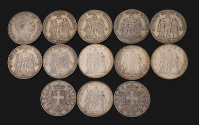 Treize pièces de 5 Francs argent 1873 - 1874...